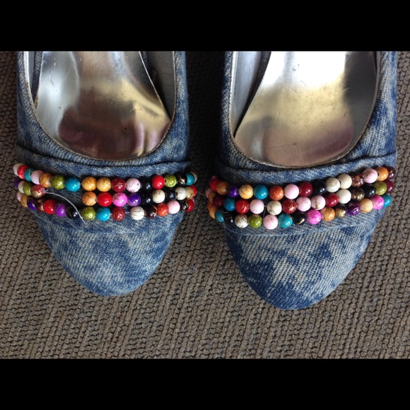 Custom Blue White Tie Dye Beads Heels Shoes US 6.5 - Picture 2 of 8